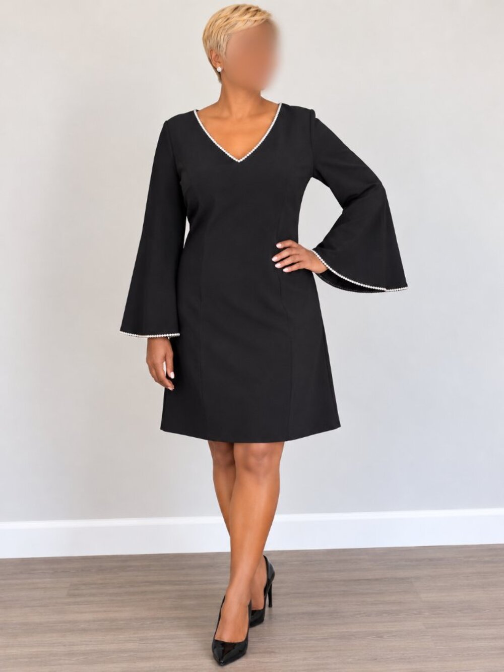 NWT Donna Morgan Black V-Neck Dress with Rhinestone Trim - Size 14